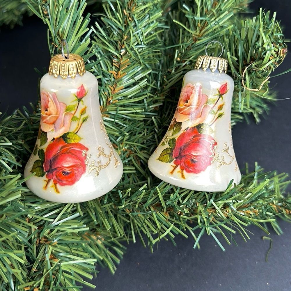 Two West Germany Christmas Bell Shaped Glass Ornaments Victorian Roses